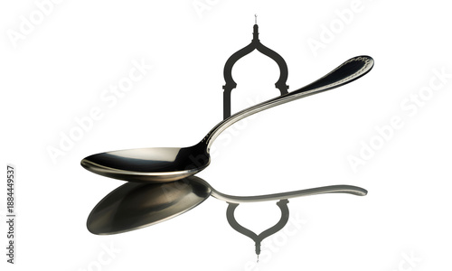 A beautifully crafted metal spoon hangs from a decorative stand against a plain transparent  background