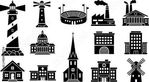 Flat design monochrome building icon set showing lighthouses stadium factory courthouse church hospital house windmill close up grid layout silhouette collection