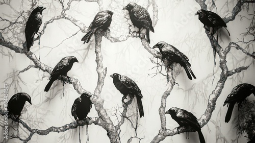 Wallpaper Mural Black birds perch on skeletal branches, monochrome design Torontodigital.ca