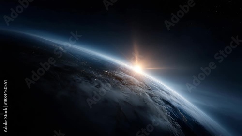 cinematic view of planet Earth in outer space, distant globe with visible curvature and soft blue atmospheric glow, night side of Earth with subtle golden city light 4K