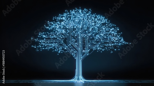Blue circuit board forms a tree shape on a dark background. Use for concepts like AI, data, digital growth, or technology.