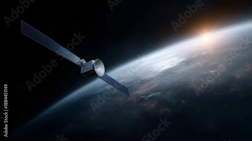3D render of a modern communication satellite orbiting Earth, detailed spacecraft with metallic body, antenna dish and large blue solar panel arrays reflecting sunl 4K