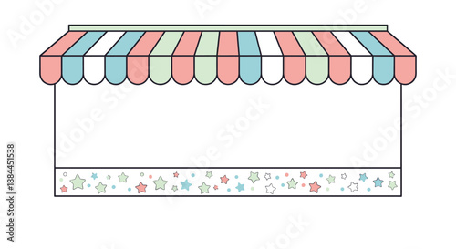 Empty storefront with a colorful striped awning and a decorative star border providing space for text or logos.