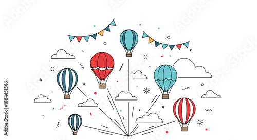 Hot air balloons flying among white clouds and festive bunting flags in a colorful flat line art illustration.