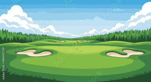 Lush green golf course green with sand traps and a red flag under a blue sky in pixel art style illustration.