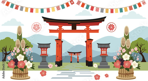 Traditional Japanese shrine entrance with large torii gates, lanterns, and decorative floral arrangements.
