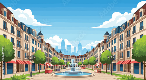 European style urban square with a central fountain, classical buildings, and outdoor market vendor stalls.