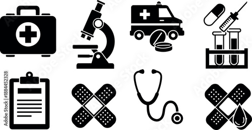 Flat design medical icon set close up black healthcare symbols first aid stethoscope microscope ambulance pills test tubes clipboard bandage cross