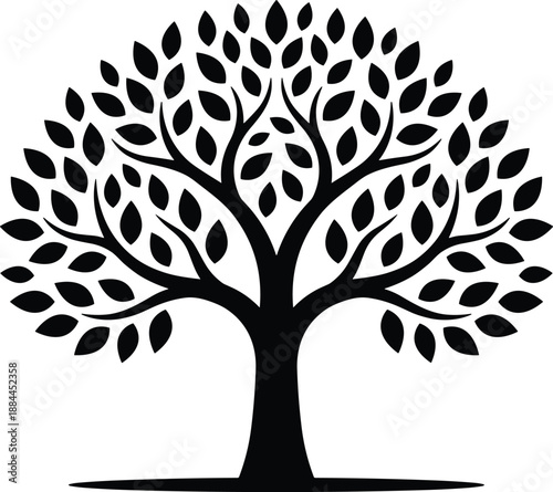 Black tree silhouette with round leaves on white background, family tree icon for genealogy design, organic nature symbol vector illustration