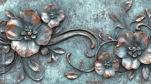 Wallpaper Mural Ornate copper flowers on a teal-toned background Torontodigital.ca