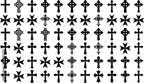 Decorative Christian cross silhouette set featuring gothic medieval and ornate religious symbols isolated on white background for church design branding education and faith projects