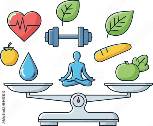 Achieving balance in life through healthy habits and wellness practices is depicted in this illustration of a person meditating on a scale surrounded by fitness and nutrition elements