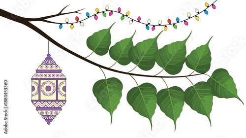 Collection of sacred bodhi leaf illustrations, festive lanterns for Vesak Day, golden tree of life, and organic green foliage sketches.