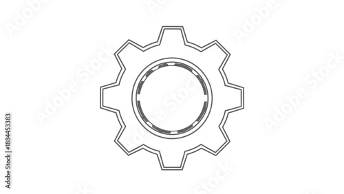 Black and white line art of a mechanical gear with detailed teeth and inner circle.