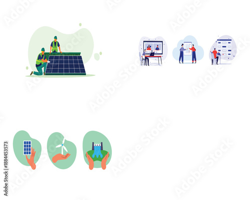 Sustainable energy concepts solar panel installation, wind, and hydro power, with collaborative modern business and technology solutions