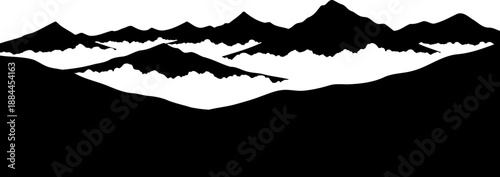 High altitude mountain range above low clouds silhouette vector