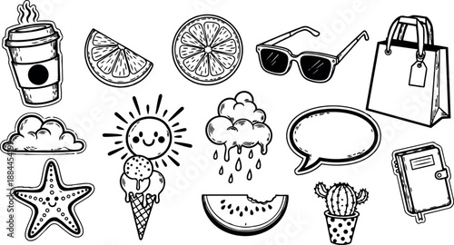 Whimsical kids doodle hand drawn collection of summer icons smiling sun ice cream watermelon star sunglasses tote bag vector playful