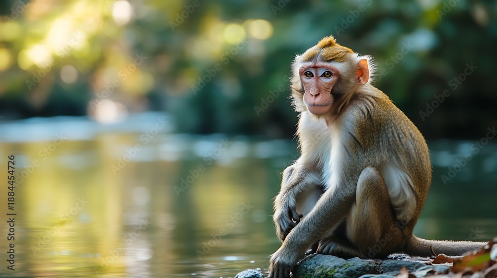 Obraz premium A rhesus monkey sitting near edge of river water in park