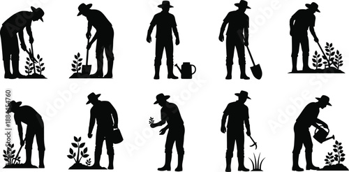 Farmer gardening silhouette collection featuring planting watering and digging activities, black vector agriculture and gardening icons set for rural life, farming, landscaping