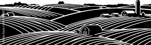 Rural landscape with rolling hills farm houses and silos silhouette vector