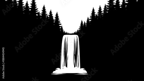 Single waterfall cascading within a pine forest silhouette vector