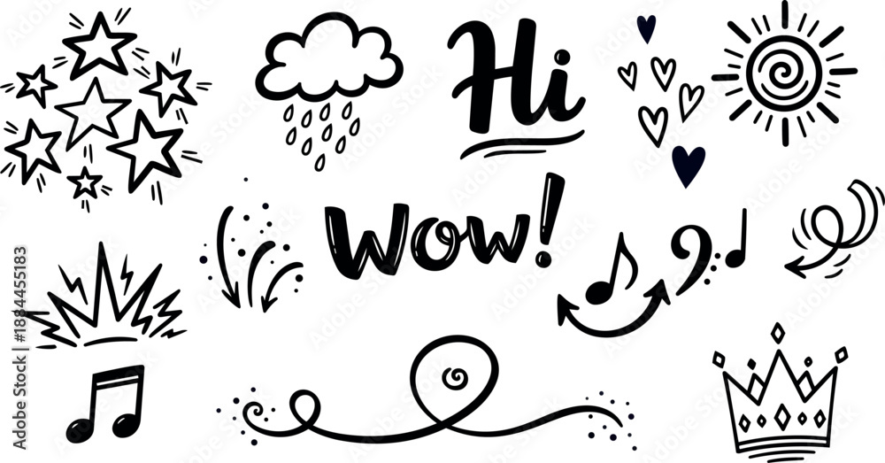 Obraz premium Whimsical kids doodle vector set close up of hand drawn stars sun cloud hearts playful lettering saying hi and wow black ink
