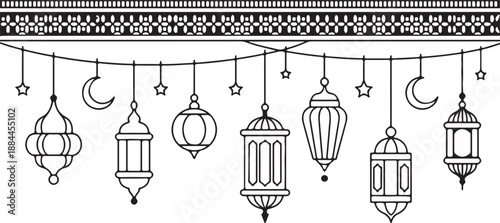 ramadan eid lantern string with stars crescent moon background