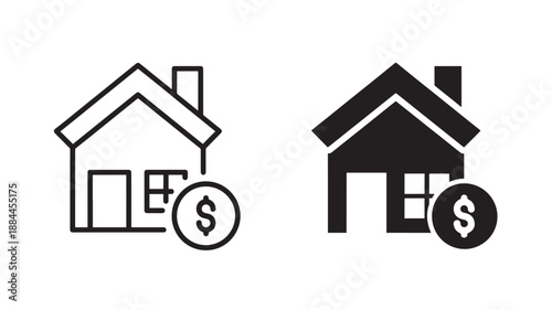 Two house icons with coins one as a silhouette on transparent background