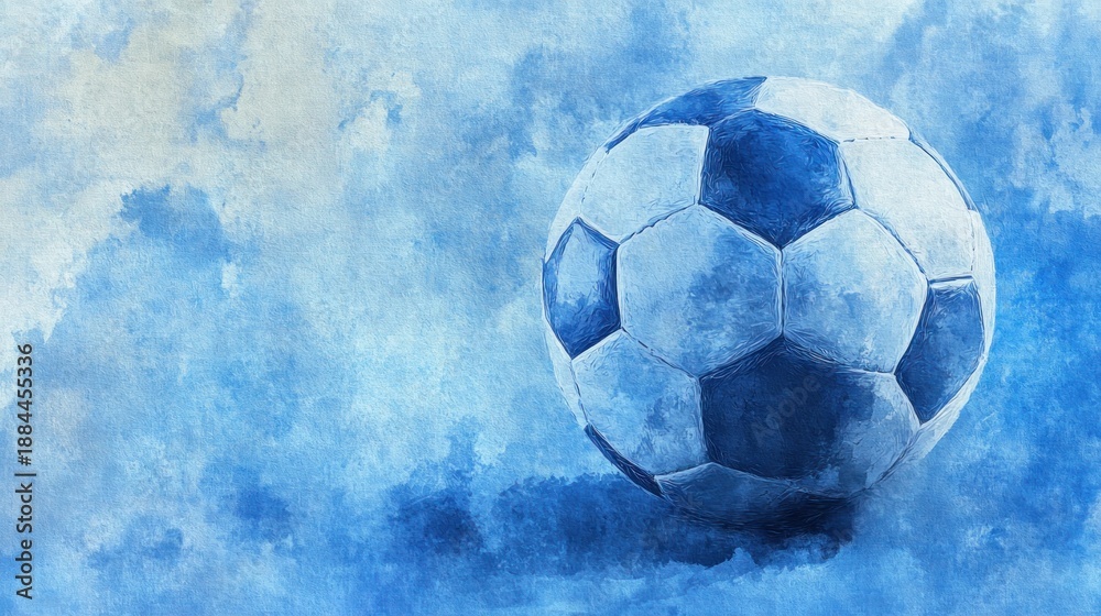 Naklejka premium Soccer ball, painted in shades of blue, on a hazy, watercolor backdrop