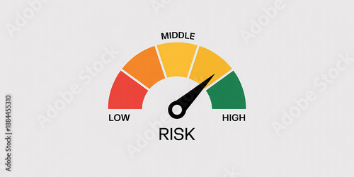 Risk meter gauge with low middle and high indicator on white background image photo