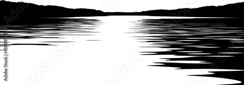 Wide river landscape with distant hills and water ripples silhouette vector