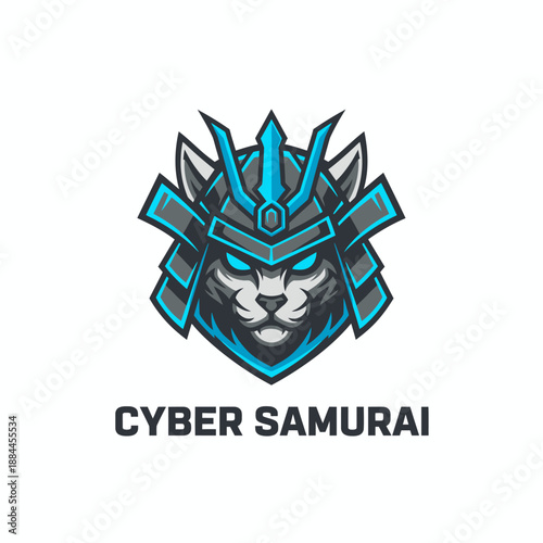 Futuristic cat head wearing neon blue samurai armor helmet mascot for gaming and esport team identity specifically for Cyber Samurai