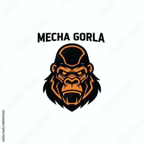Powerful robotic gorilla head mascot for gaming and esport team identity featuring bold orange highlights with text branding Mecha Gorla