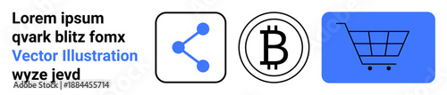 Digital economy, blockchain technology, e-commerce, social media sharing, cryptocurrency, online shopping. Bitcoin symbol, share icon shopping cart image. Digital economy and blockchain concepts