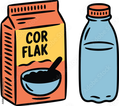 Breakfast Cereal & Milk Icons Corn Flakes Packs and Milk Bottle