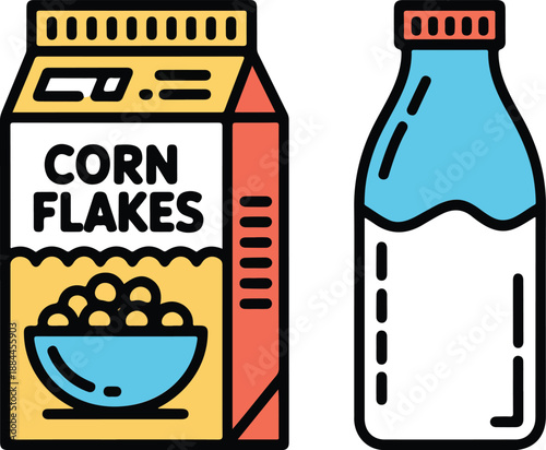 Breakfast Cereal & Milk Icons Corn Flakes Packs and Milk Bottle