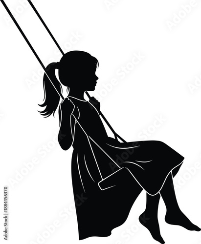 Girl silhouette sitting on swing, minimalist black vector illustration symbolizing childhood innocence, freedom, imagination, playtime joy, nostalgia, and peaceful outdoor moments