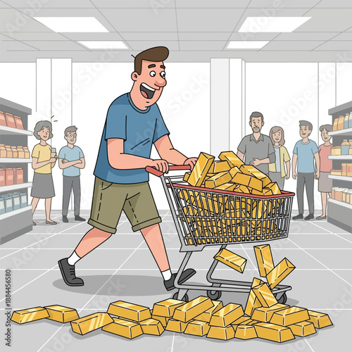 Illustration of a man driving a cart filled with gold bars in a supermarket, spilling the gold onto the floor and laughing