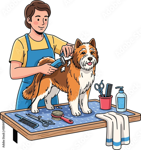 Illustration of a male dog groomer shaving a dog with an electric clipper, on a white background