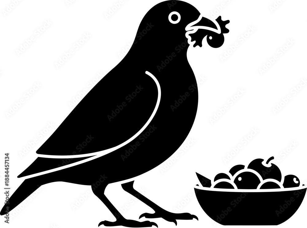 Fototapeta premium Feeding bird silhouette side view crow with berry bowl vector