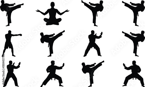 Karate martial arts silhouette set featuring fighters performing high kicks, punches, defensive stances, and meditation pose, black vector action collection isolated on white background