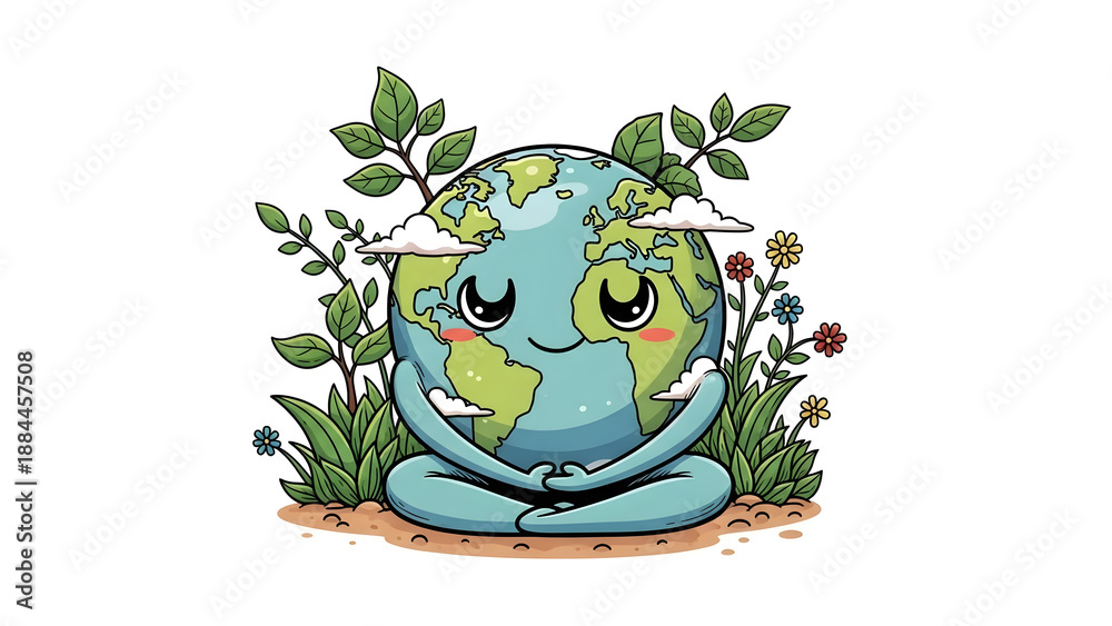 Fototapeta premium Peaceful Meditating Earth Character Sitting in a Lush Garden with Flowers and Clouds