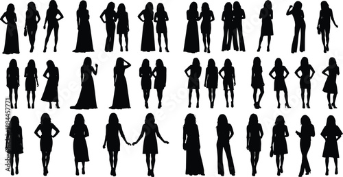 Black female silhouettes in diverse poses, standing, walking, interacting, vector illustration for design and branding.