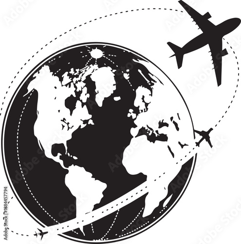 A black and white illustration depicts a globe with continents an airplane soaring above and dotted flight paths encircling the planet