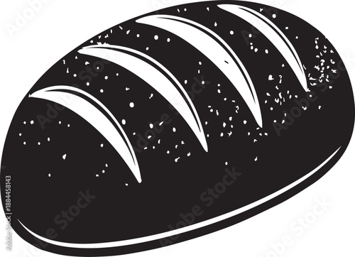 A detailed black and white illustration depicts a single loaf of crusty bread showcasing its textured surface and classic oblong shape quite appealing