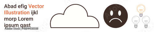 Creativity, innovation, problem solving, brainstorming, emotions, and communication. Central elements include a cloud outline, sad face and light bulbs. Creativity and innovation concepts