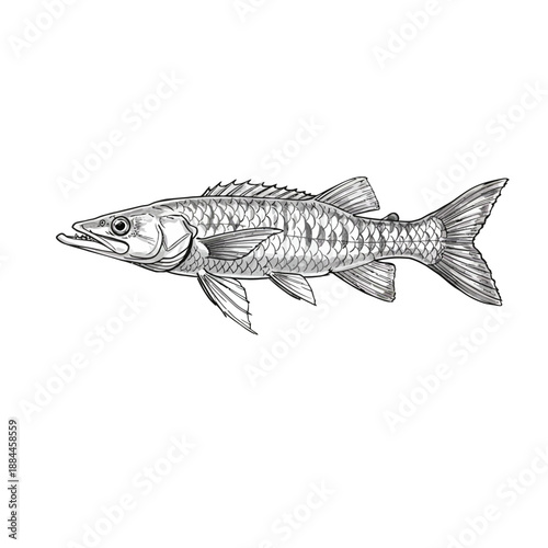 Detailed Hand-Drawn Sketch of a Barracuda or Pike-like Fish, Predatory Fish Illustration
