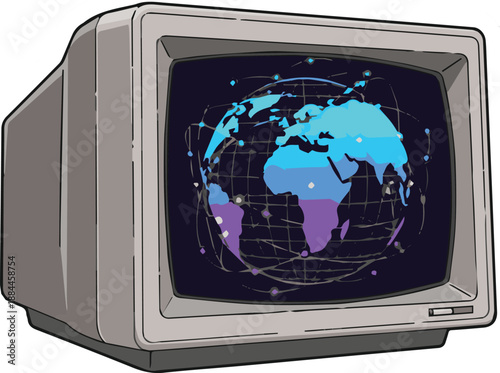 Vintage television displaying a digital world map with continents and grid lines on a dark screen