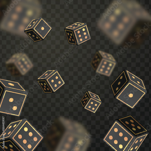 Stylish three-dimensional dice with metallic gold accents suspended in motion, symbolizing randomness, gambling themes, strategic play, and premium casino-style visuals.