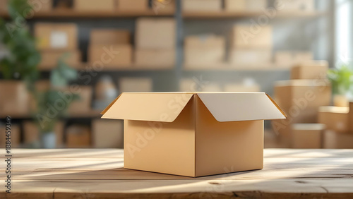 An open cardboard box sits prominently on a rustic wooden table in a sunlit warehouse, symbolizing shipping, e-commerce, and the anticipation of unboxing a new delivery
